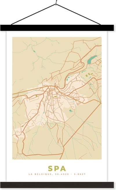 Posterhanger incl. Poster 40x60 cm - Schoolplaat - Spa - Kaart - België - Stadskaart - Plattegrond - Textielposter - Zwarte latten - Stadskaart