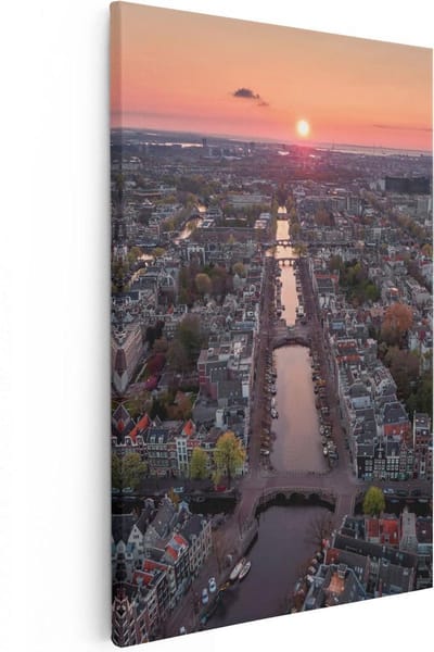 Artaza Canvas Schilderij Amsterdam - 80x120 cm - Groot - Wanddecoratie Skyline - Muurdecoratie Grachten - Schilderijen Op Canvas Zonsondergang