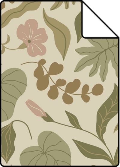 Proefstaal ESTAhome behang bladeren en bloemen olijfgroen, terracotta en roze - 26.5 x 21 cm - 131052-S