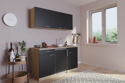 Goedkope keuken 150  cm - complete kleine keuken met apparatuur Luis - Eiken/Zwart - keramische kookplaat  - koelkast          - mini keuken - compacte keuken - keukenblok met apparatuur