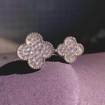 Volledig Diamant Dubbele Bloem Ring Dames Open op Bloemen Vingerring Koppel Cadeaus en Sieraden Adjustable opening gray