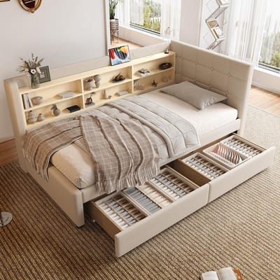 Pugsdrly - Dagbed - Slaapbank - 90 x 200 cm - Meerdere opbergruimtes met 2 lades - Met USB- en Type-C-poort - Met lattenbodem - Zonder matras - Linnen - Beige