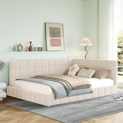OKWISH Zetelbed 140x200 cm - Modern Gestoffeerd Bed Met Lattenbodem - Woonkamer En Slaapkamer - Fluweel - Beige