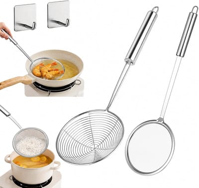 SnelShoppen - 2 Pcs RVS Zeef, Hangende Lepel met 2 Haakjes, Keukenhulp voor Koken, Frituren, Stomen en Verwijderen van Olie, Ideaal voor Soepen en Bak