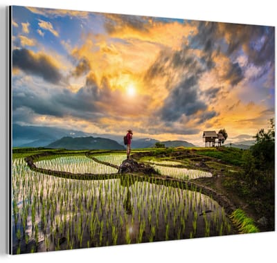 Aluminium schilderij 180x120 cm - Wanddecoratie metaal - De mooie rijstvelden van Thailand onder een geweldig gekleurde lucht - Metalen muurdecoratie woonkamer - Decoratie industrieel - Foto op dibond - Industriële accessoires slaapkamer