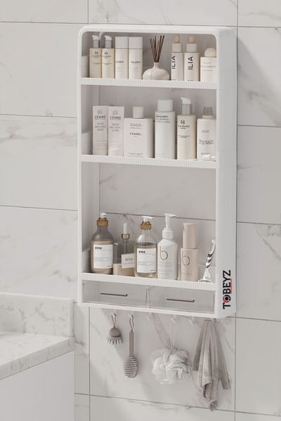 Wandplank Badkamer en Keuken - 3-Lags Wandrek - met 2 Lades & 6 Haken - Boorvrije Opbergplank - 71x40x10cm - Bad-en Keukenorganizer - Wit