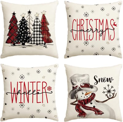 Dailygoody - Kussenslopen - Kerstdecoratie - 45 x 45 cm - Sneeuwpop en Sneeuwvlokken - Set van 4 Kussenslopen - Geschikt voor Woonkamer en Slaapkamer