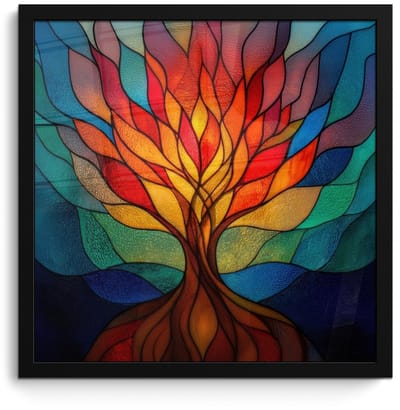 Poster in lijst - Fotolijst 40x40 cm - Posters - Sierglas - Boom - Rood - Vlakken - Posterlijst zwart - Decoratie - Wanddecoratie woonkamer - Muurdecoratie slaapkamer