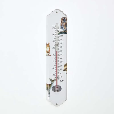 Homescapes binnen- en buitenthermometer wit met bosdiermotief