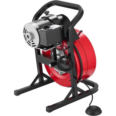 Machine de Curage de Canalisations 15m x 13mm, Tire-Bouchon Manuel pour Égouts avec 4 Lames et Pédale Activée par Air pour Tuyaux de 50mm à 150mm