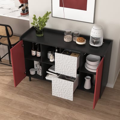 MODENUIT Dressoir - Opbergkast Met 2 Laden En Kastvak - Voor Keuken En Woonkamer - MDF - 120x40x80 Cm - Zwart Rood
