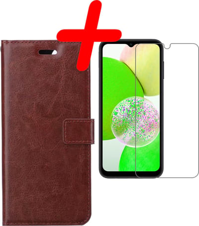 Hoesje Met Screenprotector - Geschikt voor Samsung Galaxy A14 - Luxe Pasjeshouder - Bookcase Portemonee - Flip Case - Kunstleer Book Case - Flipcase - Book Cover - Walletcase - Portemonneehoes - Bruin