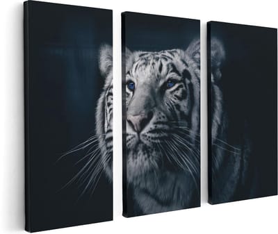 Artaza Canvas Schilderij Drieluik Tijgerkop Met Blauwe Ogen - Zwart Wit - 120x80 - Foto Op Canvas - Canvas Print