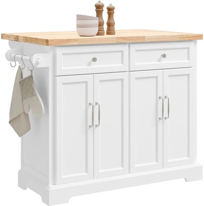 Keukeneiland - Verplaatsbaar - Keukenkast - Dressoir - Organizer - Kasten - Houten Werkblad - Lade - Wit