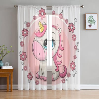Schattige Cartoon Eenhoorn Transparante Gordijnen Voor Woonkamer Raam Transparant Voile Tule Gordijn Slaapkamer Draperieën Huisdecoratie 135W x 114H(cm) gray