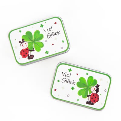 Dailygoods- Geschenkdozen met deksel - Kleine geschenkdozen - Metaal - Klaverblad - Lieveheersbeestje - Afmetingen 9,5 x 6,5 x 2 cm - Cadeaudozen