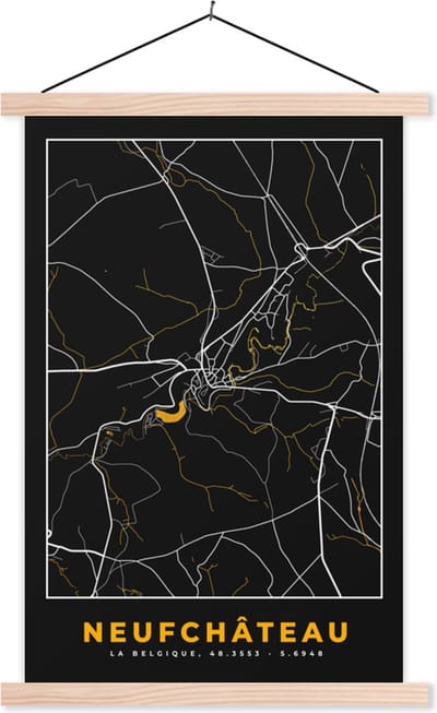 Posterhanger incl. Poster 40x60 cm - Schoolplaat - Stadskaart - Neufchâteau - Kaart - Plattegrond - Goud - Textielposter - Blanke latten - Stadskaart