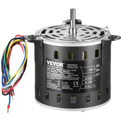 VEVOR 1/2 HP ventilatormotor, 220 V, 2,6 Ampère, 1300 tpm, 3 snelheden (1300/1100/800 tpm), asdiameter 10 mm, aslengte 20 mm, rood. Linksom draaiend vanaf het uiteinde van de as, incl. CBB60 15 μF/450 V condensator