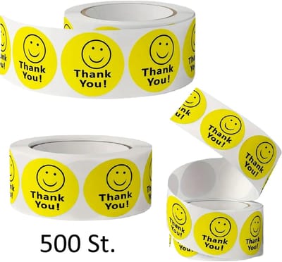 Rol van 500 Gele Waterbestendige Label Stickers – Smile Face met “Thank You” – 25 mm – Bedankstickers op Rol – Verpakking & Cadeaus