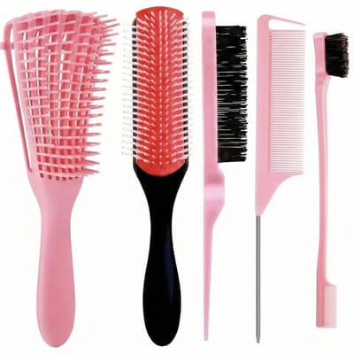 Roze zwart haarborstel en kam set 5 delig voor dames en heren haar styling set met kunststof borstels en puntkam geschikt voor dagelijks gebruik en getextureerd haar