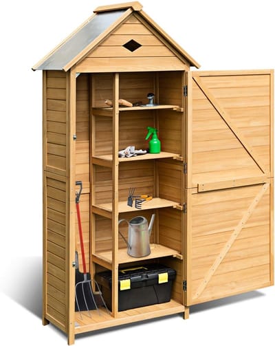 KOMFOTTEU Tuinhuis van hout, 80 x 35 x 176 cm, gereedschapsschuur met zadeldak, planken en slot, gereedschapsschuur weerbestendig, tuinkast, tuinhuisje, houten hut, tuinschuur voor terras en balkon