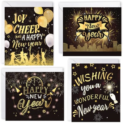 Dailygoods- Nieuwjaarskaarten Set 24 Stuks - Zwart/Goud - Wenskaarten met Enveloppen - Verschillende Designs - 12x10 cm - Gelukkige Nieuwjaarswensen