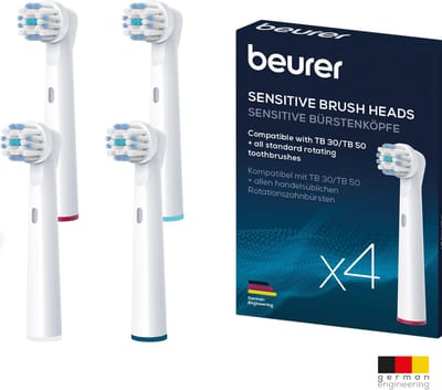 Beurer Sensitive Opzetborstels – Set van 4 – Compatibel met TB 15, TB 30, TB 50, Oral-B* & alle gangbare roterende tandenborstels – Met Beschermkap & Kleurringen – 3 Jaar Garantie