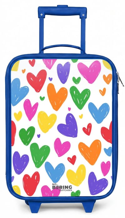 NoBoringSuitcases.com® - Kinderkoffer blauw - Kindertrolley jongen - Gekleurde hartjes - Koffer kind lichtgewicht - Reiskoffer trolley voor kinderen - Koffertje met lichtgevende wieltjes - Rolkoffer