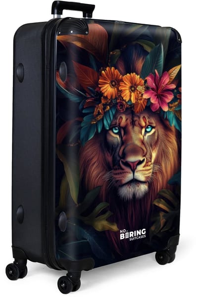 NoBoringSuitcases.com® - Koffer groot - Reiskoffer lichtgewicht - Leeuw met bloemenkroon in jungle - Rolkoffer met 4 wielen - Grote trolley XL - 98 liter bagage