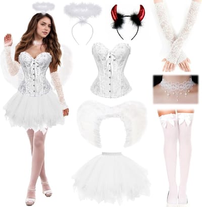 Tulle Rok Kostuum voor Vrouwen met Engel en Duivel Vleugels voor Halloween en Carnaval, Inclusief Kanten Corset en Decoratie