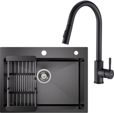 CECIPA max Handgemaakte Spoelbak Antraciet - Met keukenkraan met uittrekbare uitloop - Spoelbak RVS 60x45CM - Spoelbak Keuken Met Afdruiprek - Met Kraangat