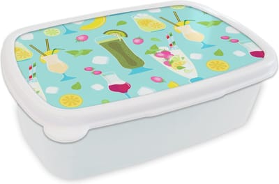 Broodtrommel Wit - Lunchbox - Brooddoos - Cocktail - Zomer - Fruit - Patroon - 18x12x6 cm - Volwassenen