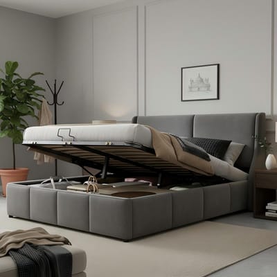 Gestoffeerd tweepersoonsbed met hydraulische opbergbox - Slaapkamer en logeerkamer 140x190 cm - Grijs - Oorvormig hoofdeinde - Inclusief lattenbodem - 300 kg draagvermogen