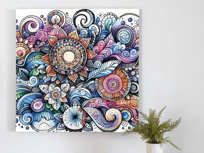 Doodle aquarel schilderij | Abstracte Dromen: Sprankelend Aquarel Kunstwerk vol Levendige Vormen | Kunst - 100x100 centimeter op Forex | Foto op Forex