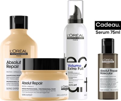 L'Oréal Professionnel Absolut Repair Bundel + cadeau - Shampoo 300ml, Masker 250ml, Tecni.art Volume Extra Full Mousse 250ml en cadeau Rinse-Off serum 75ml