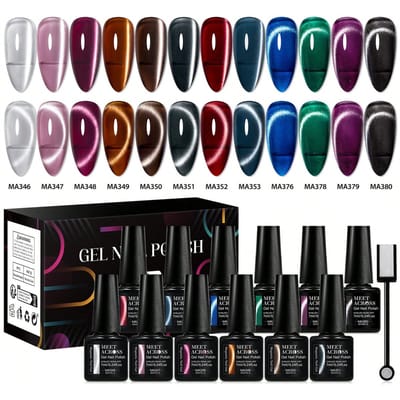13 stuks 7 ml Jelly Crystal Cat's Eye magnetische gelset voor de zomer, magnetische nagelbenodigdheden, Cat Eye glitterontwerp, nepnagels, gelnagels, acrylnagels met volledige dekking - inclusief magnetische stick
