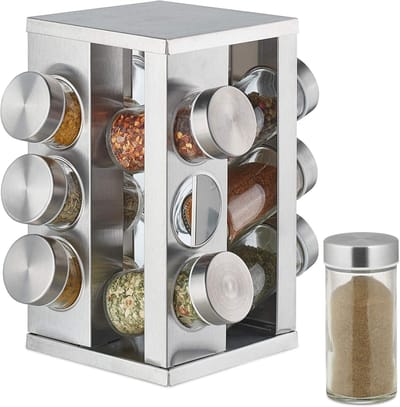 Famanu – Rechthoekig draaibaar kruidenrek met 12 potjes rvs moderne keuken organizer
