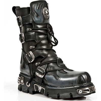 New Rock Flame geaccentueerde zwart/zilver lederen laarzen-591-S2