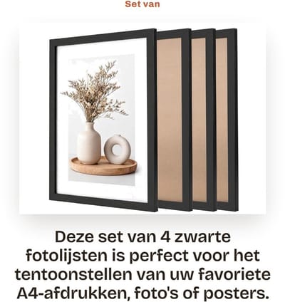 Dailygoods- Fotolijst 33x43 cm - Zwart Houten Fotolijst - 4 Stuks - Wandmontage - Geschikt voor 30x40 cm Afdrukken - Duurzaam Acrylpaneel - Wandlijst