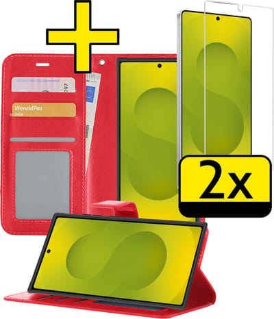Hoesje - Met 2x Screenprotector - Geschikt voor Samsung Galaxy S25 Ultra - Luxe Pasjeshouder - Bookcase Portemonee - Flip Case - Kunstleer Book Case - Flipcase Hoes - Book Cover - Walletcase - Portemonneehoes - Telefoonhoesjes - Rood