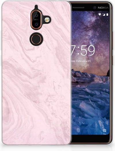 Nokia 7 Plus TPU Siliconen Hoesje Marble Pink - Origineel Cadeau Vriendin