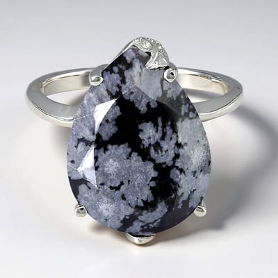 Cavill - Sneeuwvlok Obsidiaan Ring 6,04 ct Peervorm Zilver 925 Sterling - 18 Witte Topaas Briljant 0,097 ct - Elegante Damesring Maat 17