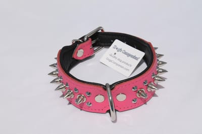 Dog's Companion Leren Halsband - met Spikes - Lengte: 55cm Verstelbaar van: 45-53 cm x 40 mm - Roze/Zwart