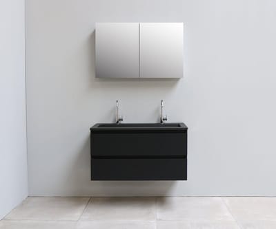 Basic Bella Badkamermeubelset - 100x55x46cm - 1 wasbak - Acryl - Zwart - 2 kraangaten - Spiegelkast zonder verlichting - Melamine Zwart mat