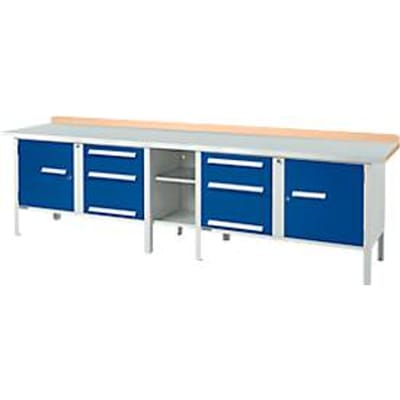 Werkbank in kistuitvoering Schäfer Shop Select PWi 300-2, ESD, beuken multiplexplaat, met stalen deksel, tot 750 kg, B 3000 x D 700 x H 840 mm, lichtgrijs/ gentiaanblauw