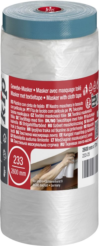 Kip - Weefsel Masker - Blauw - 2600mmx17m - Textieltape met milieuvriendelijke PE-folie voor snel afplakken in één handeling - Statisch hechtend, UV-bestendig en temperatuurbestendig tot 30°C