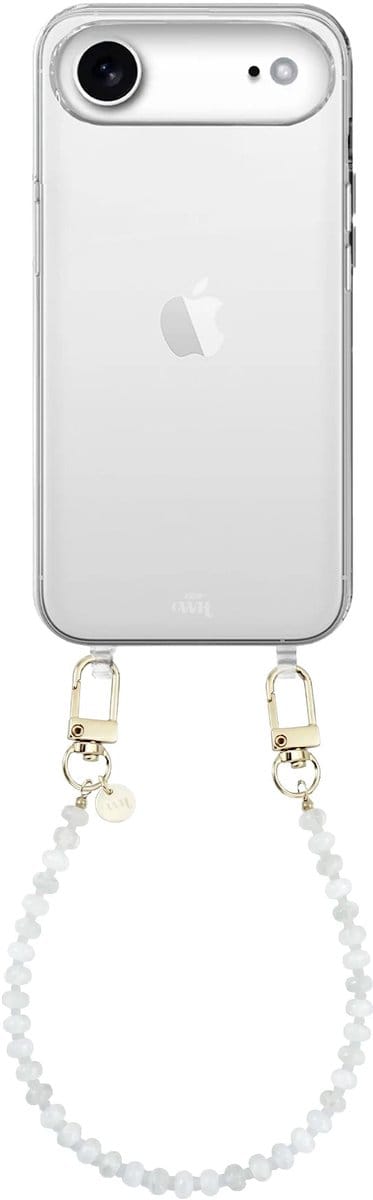 xoxo Wildhearts siliconen hoesje geschikt voor iPhone 17 Air - Dusty White - Kort koord - Telefoonhoesje - Hoesje met koord - Kralenketting - Wit telefoonkoord - Transparant hoesje