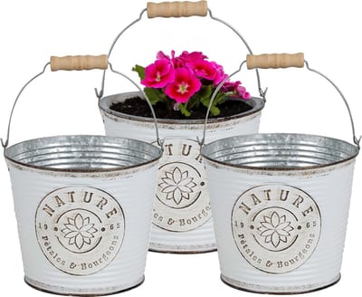 Sunnydays Emmer/plantenpot/bloempot - 3x - zink - ivoorwit - D23 x H22 cm