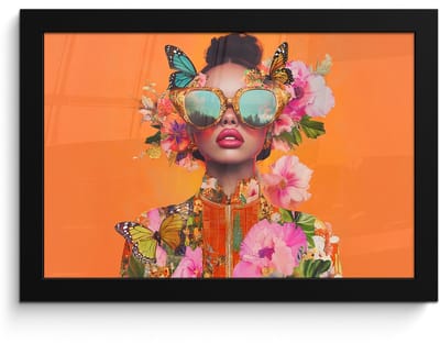 Poster in lijst - Fotolijst 30x20 cm - Posters - Vlinders - Vrouw - Zonnebril - Kleurrijk - Posterlijst zwart - Decoratie - Wanddecoratie woonkamer - Muurdecoratie slaapkamer