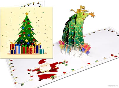 Popcards pop-up kaarten – Grappige Kerstkaart met schuine kerstboom met Kat op zoek naar de Piek | Kerstster Poes pop-up kaart 3D wenskaart
